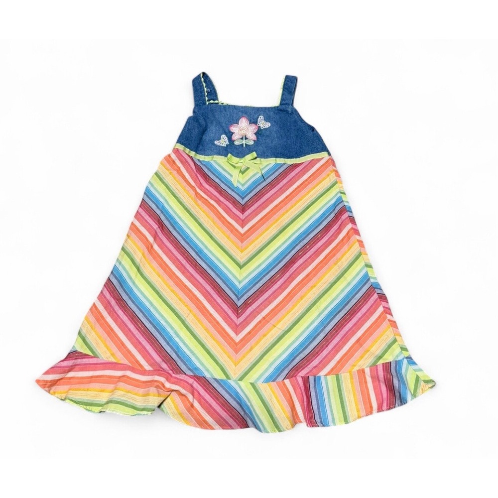 Vintage Youngland Girls Denim Rainbow Stripe Maxi Dress Floral Butterfly Size 5